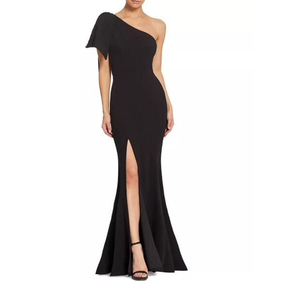 DRESS THE POPULATION Black GEORGINA One Shoulder BOW Crepe GOWN Plus Sz XXL  NWT - Picture 2 of 11